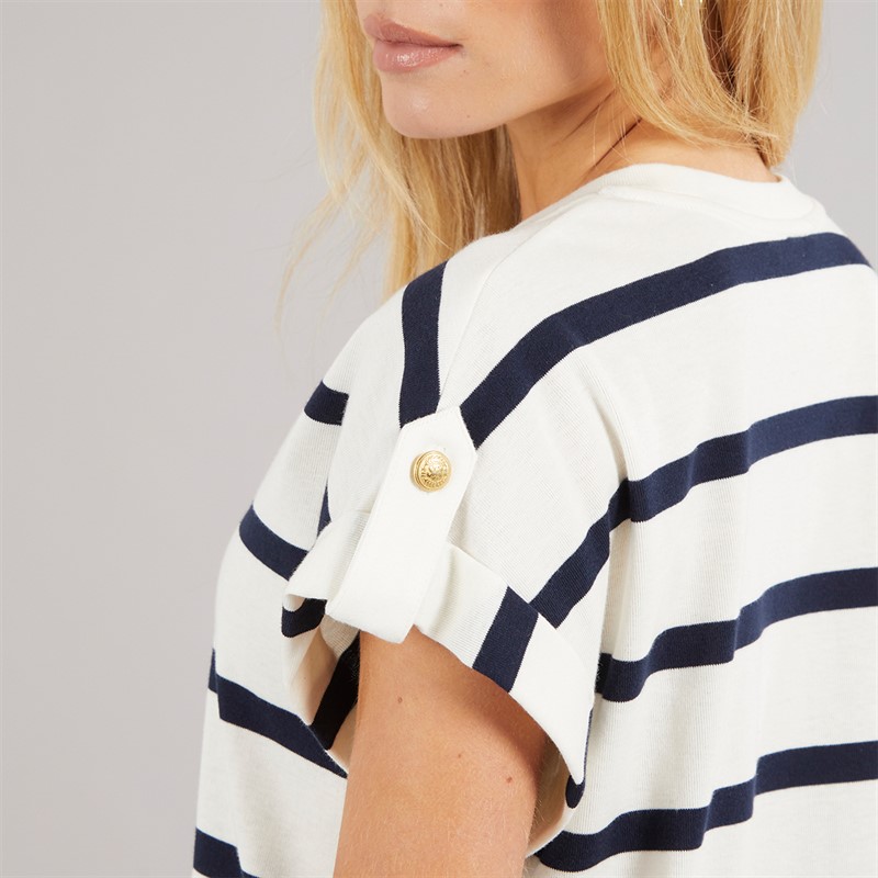 Tommy Hilfiger Womens Gold Button T-Shirt Ivory Silk/Dark Night Navy Stripe Ivory Silk/Dark Night Navy Stp