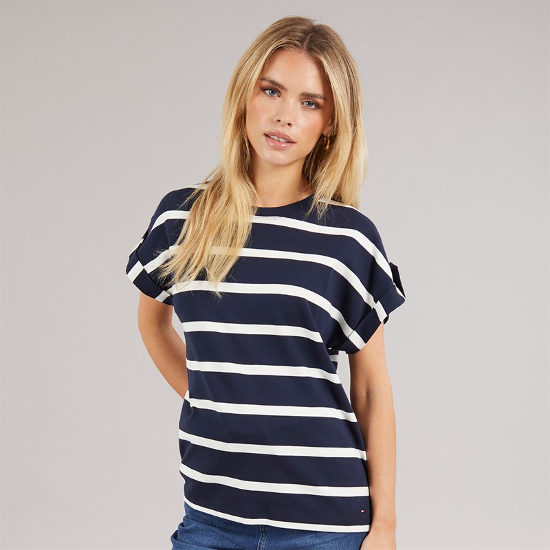 Tommy Hilfiger Womens Gold Button T-Shirt Dark Night Navy/Ivory Silk Stripe Dark Night Navy/Ivory Silk Stp