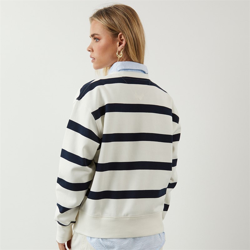 Tommy Hilfiger Womens Script Sweatshirt Ivory Silk/Dark Night Navy Stripe Ivory Silk/Dark Night Navy Stp