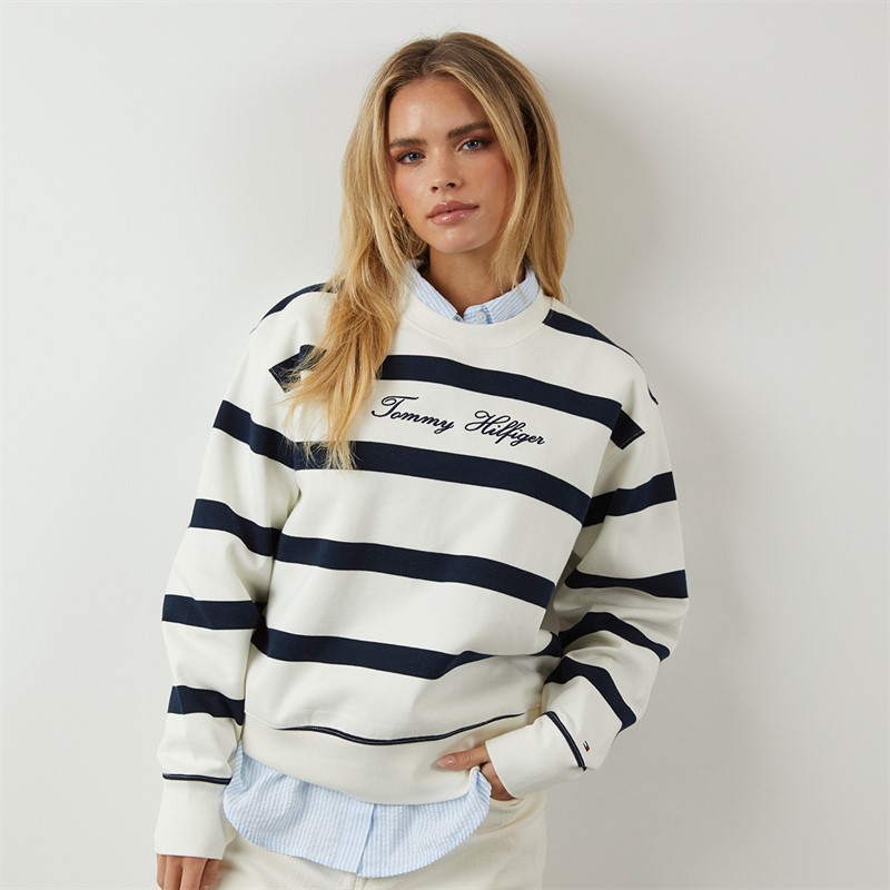 Tommy Hilfiger Womens Script Sweatshirt Ivory Silk/Dark Night Navy Stripe Ivory Silk/Dark Night Navy Stp