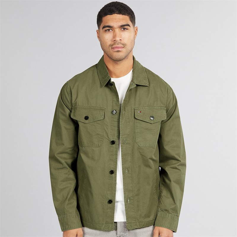 Tommy Hilfiger Mens Cotton Twill Shirt Jacket Battle Green