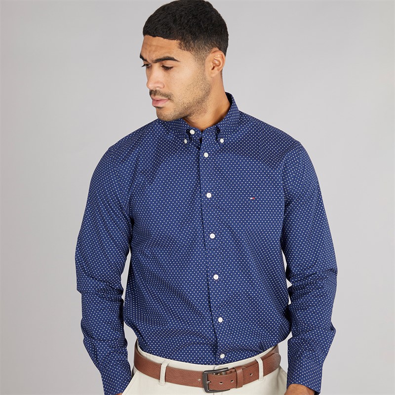 Tommy Hilfiger Mens Flex Poplin Shirt Preppy Navy/Newsprint