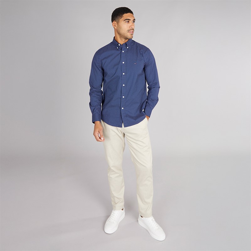 Tommy Hilfiger Mens Flex Poplin Shirt Preppy Navy/Newsprint