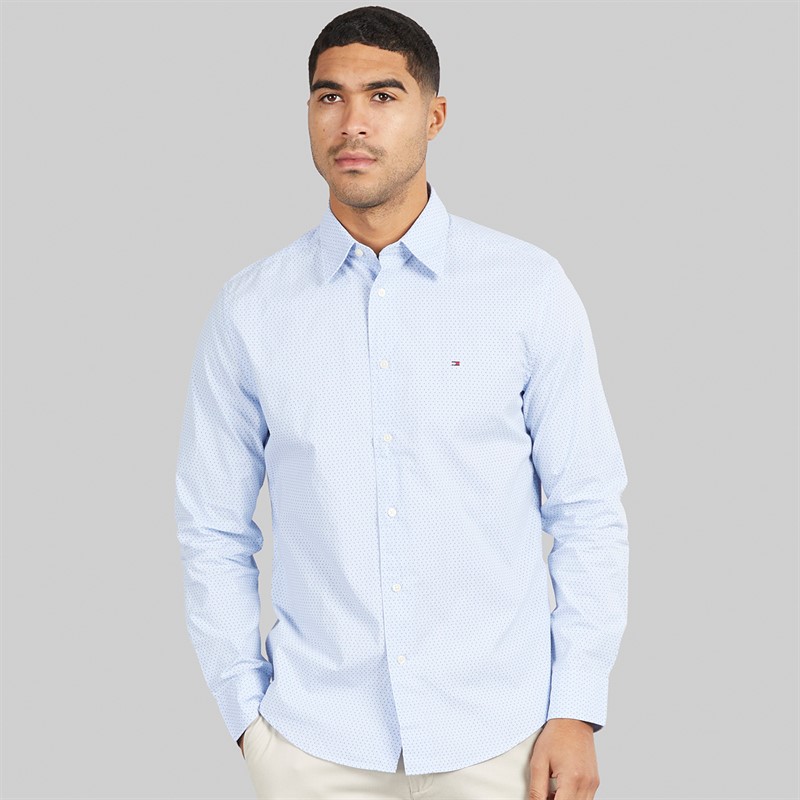 Tommy Hilfiger Mens Flex Poplin Mini Print Shirt Cloudy Blue