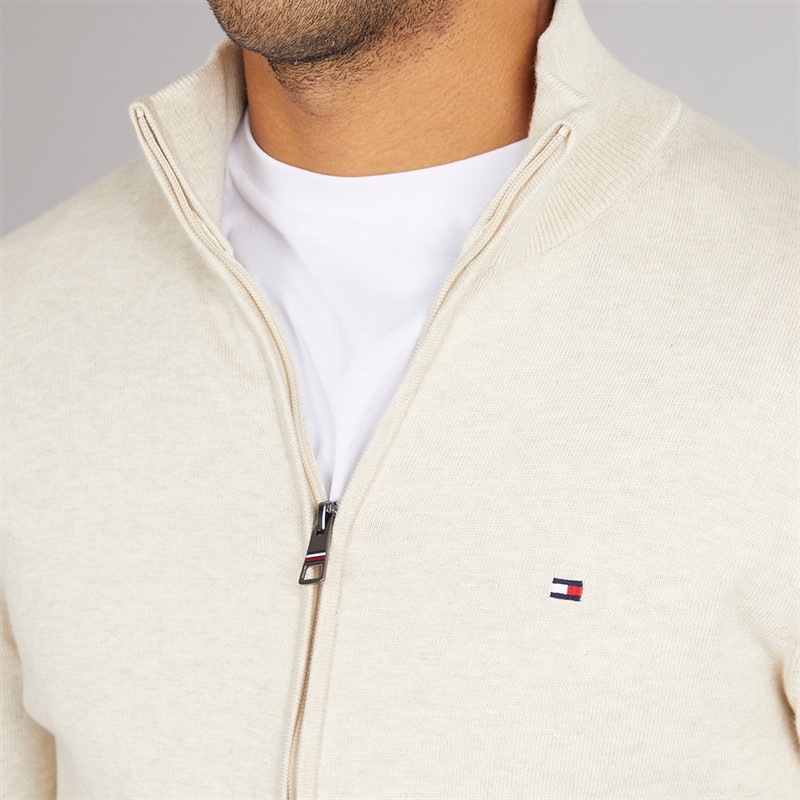 Tommy Hilfiger Mens Essential Cotton Zip Thru Jumper Heathered Oatmilk