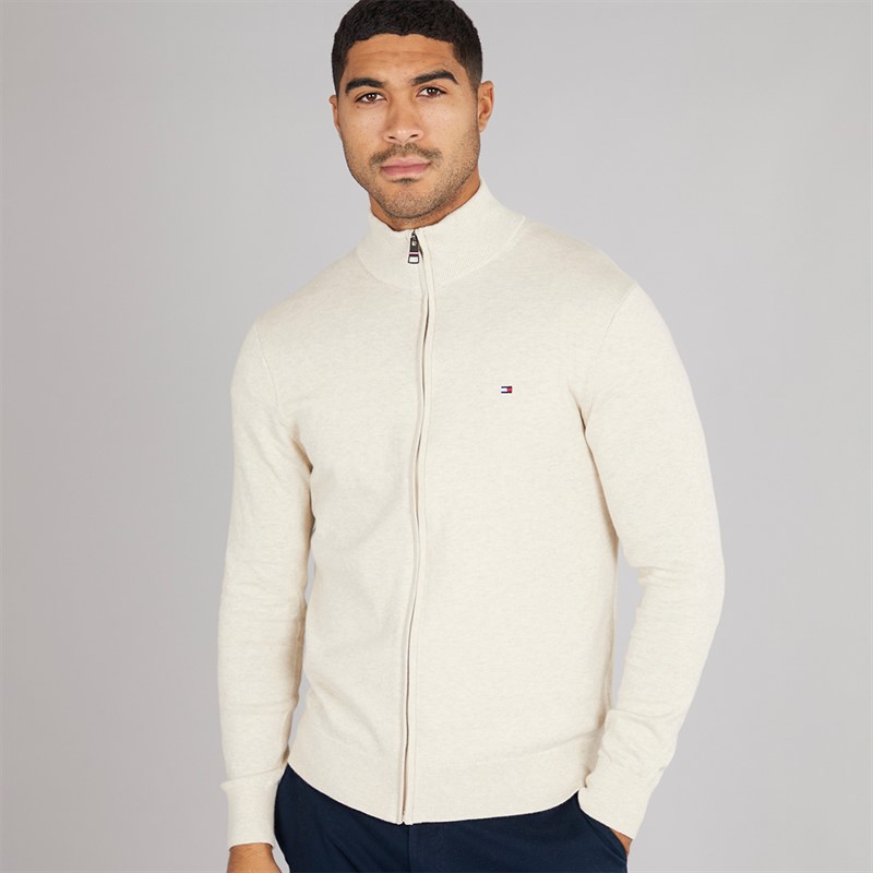 Tommy Hilfiger Mens Essential Cotton Zip Thru Jumper Heathered Oatmilk