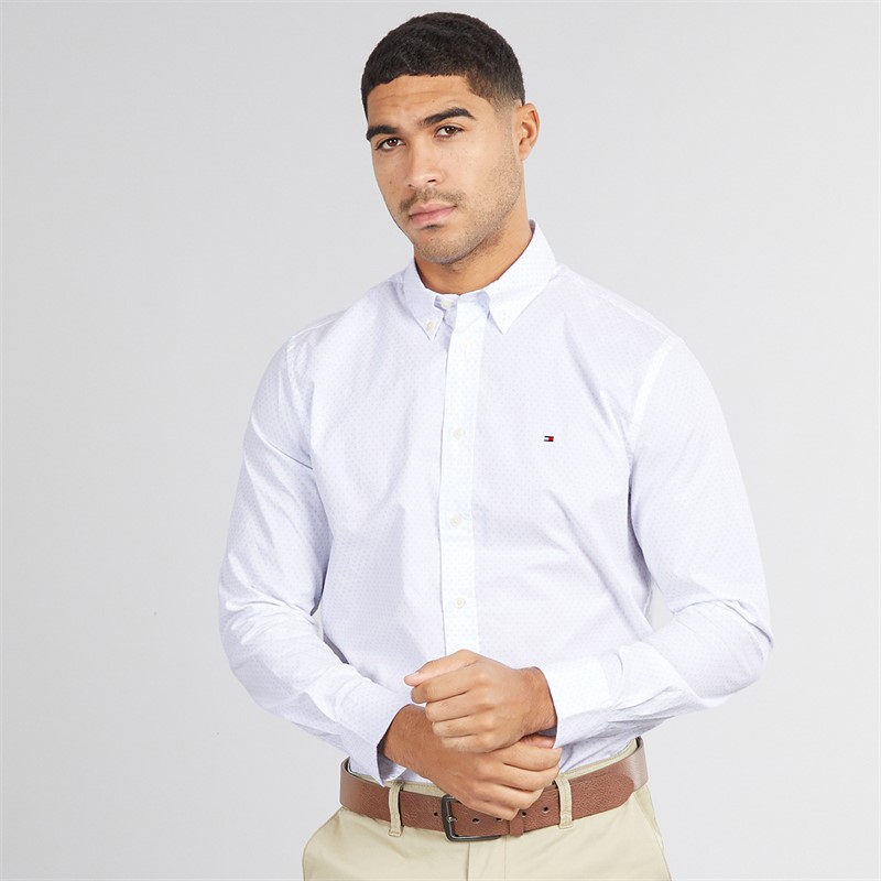 Tommy Hilfiger Mens Flex Poplin Shirt Optic White/Breezy Blue