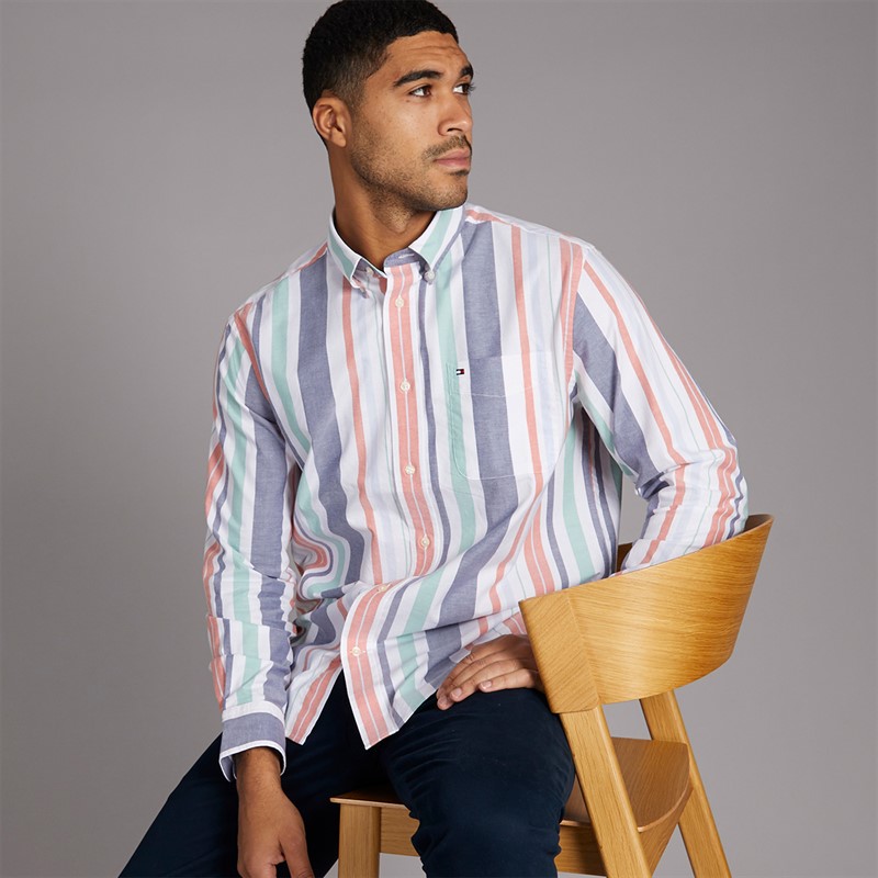 Tommy Hilfiger Mens Oxford Stripe Relaxed Shirt Brilliant Orange Multi/Stripe