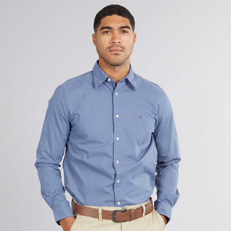 Tommy Hilfiger Mens Flex Poplin Mini Print Shirt Preppy Navy