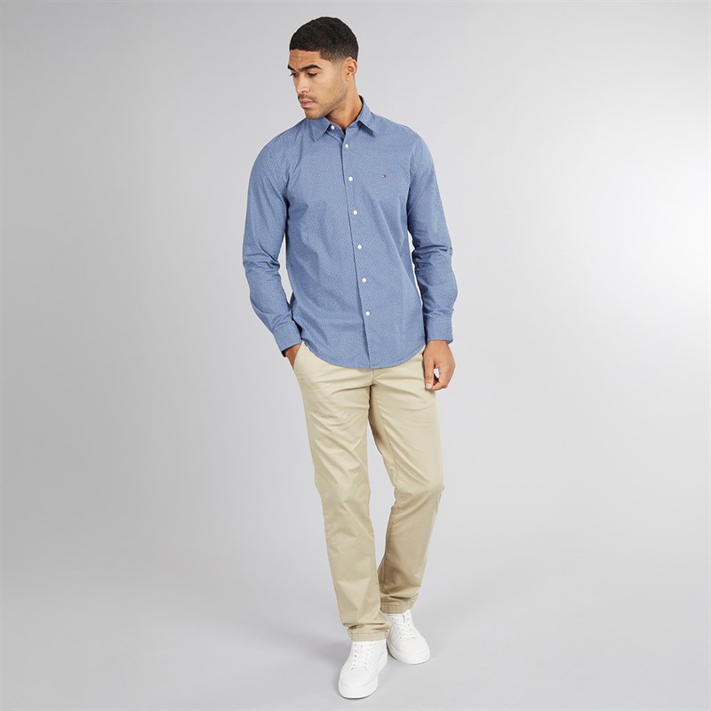 Tommy Hilfiger Mens Flex Poplin Mini Print Shirt Preppy Navy