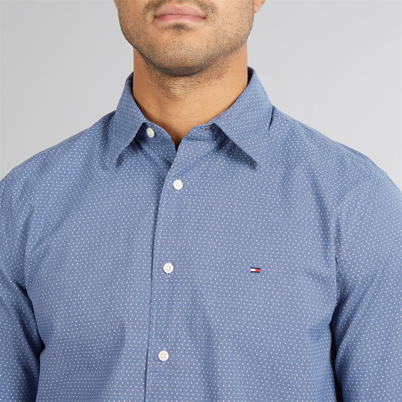 Tommy Hilfiger Mens Flex Poplin Mini Print Shirt Preppy Navy