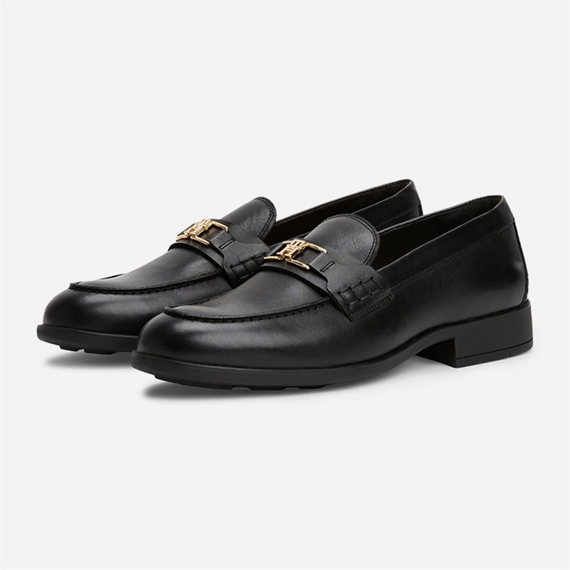 Tommy Hilfiger Womens Leather Monogram Horsebit Loafers Black