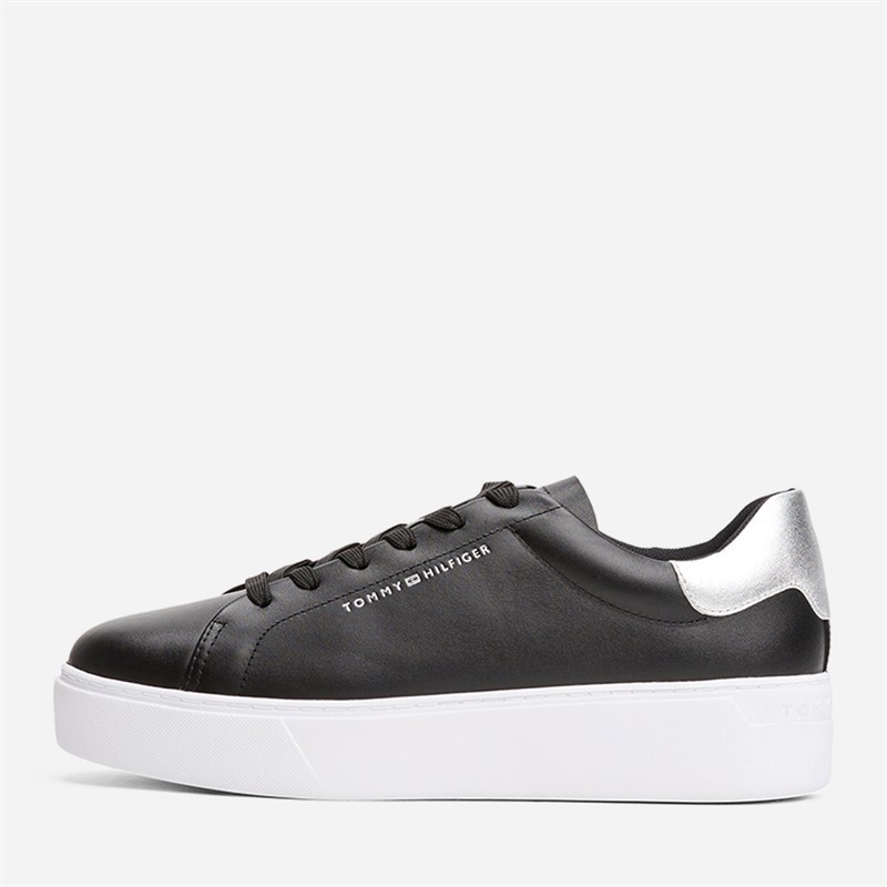 Tommy Hilfiger Womens Metallic Platform Court Trainers Black/Silver