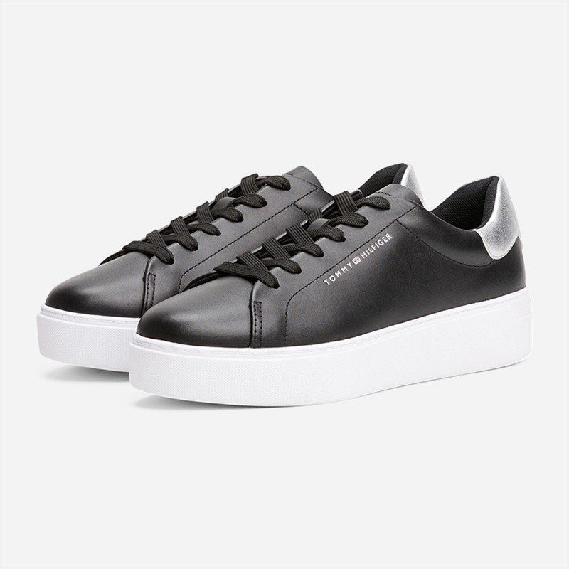 Tommy Hilfiger Womens Metallic Platform Court Trainers Black/Silver