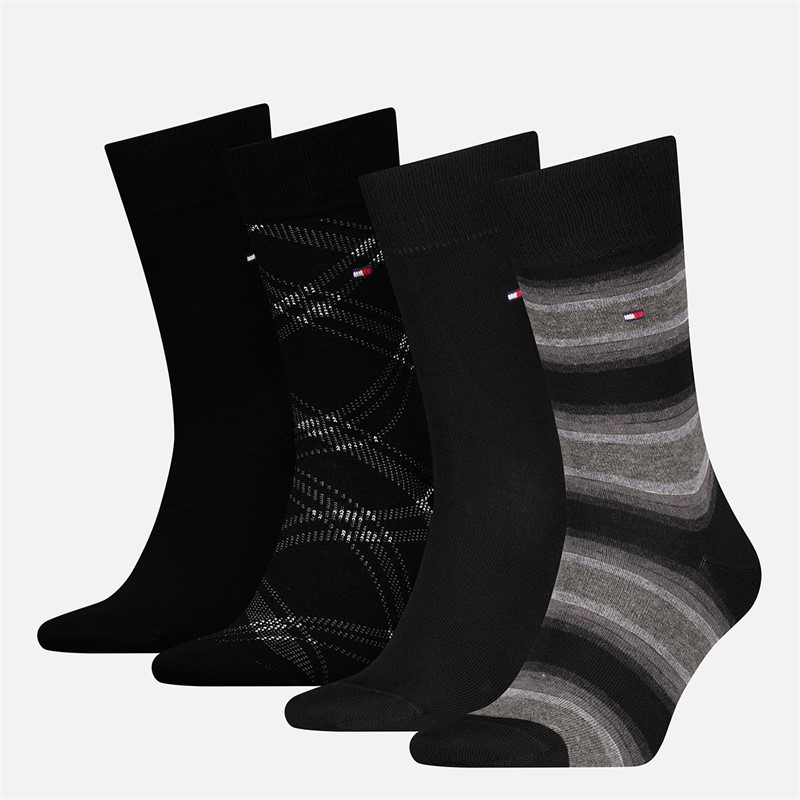 Tommy Hilfiger Mens Stripe And Check Eco Four Pack Socks Black
