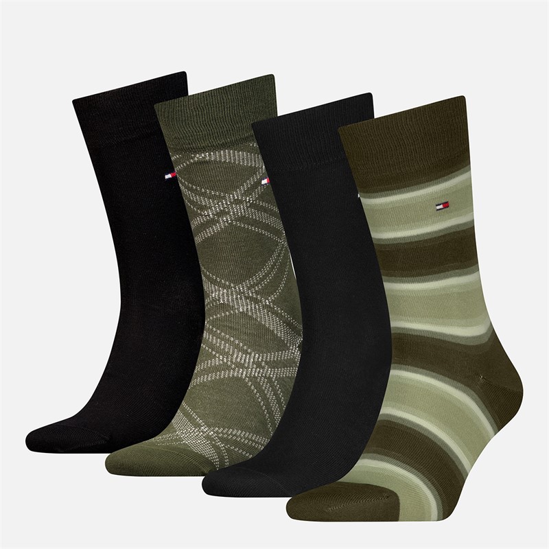 Tommy Hilfiger Mens Stripe And Check Eco Four Pack Socks Army Green