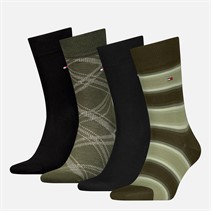 Tommy Hilfiger Mens Stripe And Check Eco Four Pack Socks Army Green