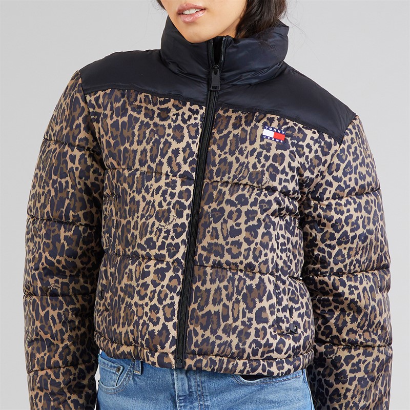 Tommy Hilfiger Womens Cropped Leopard Puffer Coat Leopard Aop