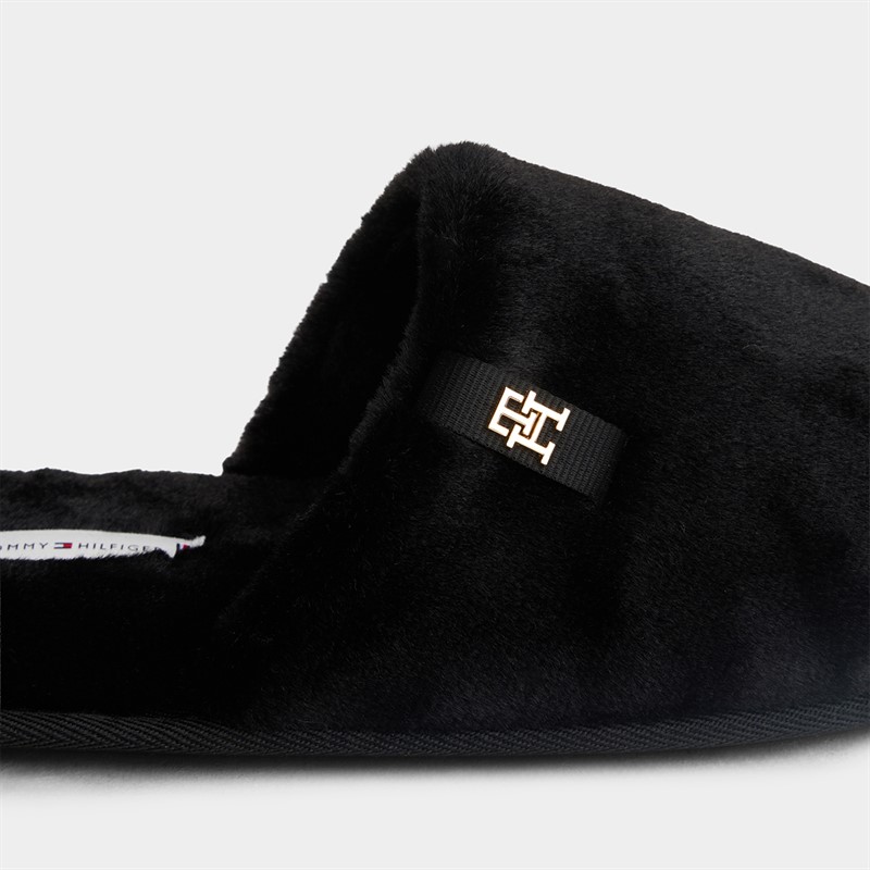 Tommy Hilfiger Womens Faux Fur Mule Slippers Black
