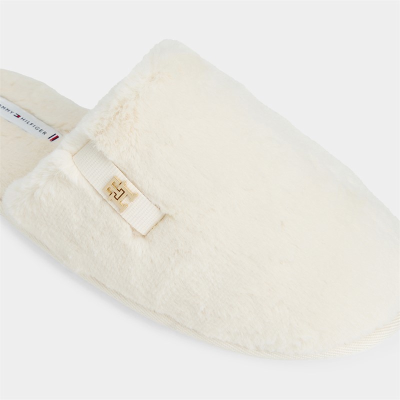 Tommy Hilfiger Womens Faux Fur Mule Slippers Ancient White