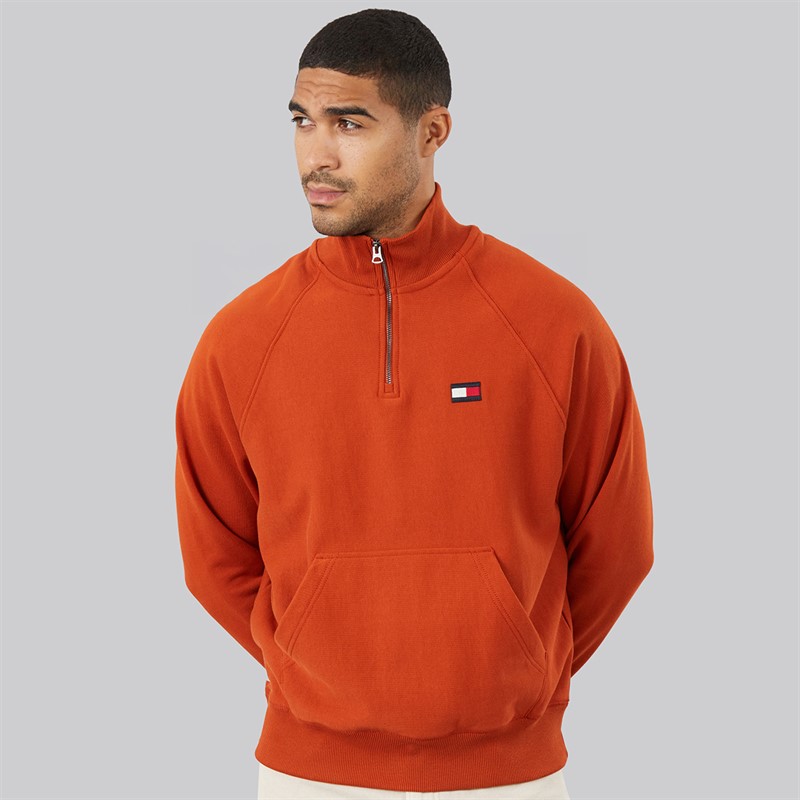 Tommy Hilfiger Mens Tommy Flag Elevated 1/4 Zip Sweatshirt Rusty Ochre