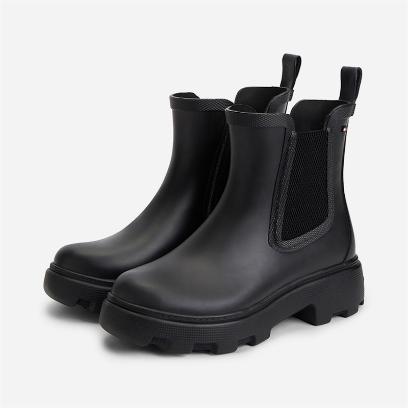 Tommy Hilfiger Womens Rubber Flag Cleated Rain Boots Black