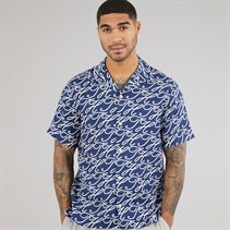 Tommy Hilfiger Mens Linen Camp Collar Short Sleeve Shirt Preppy Navy/Allover