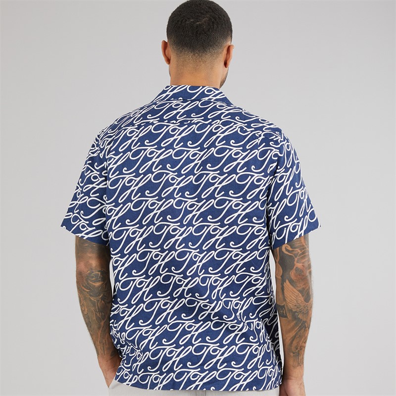Tommy Hilfiger Mens Linen Camp Collar Short Sleeve Shirt Preppy Navy/Allover