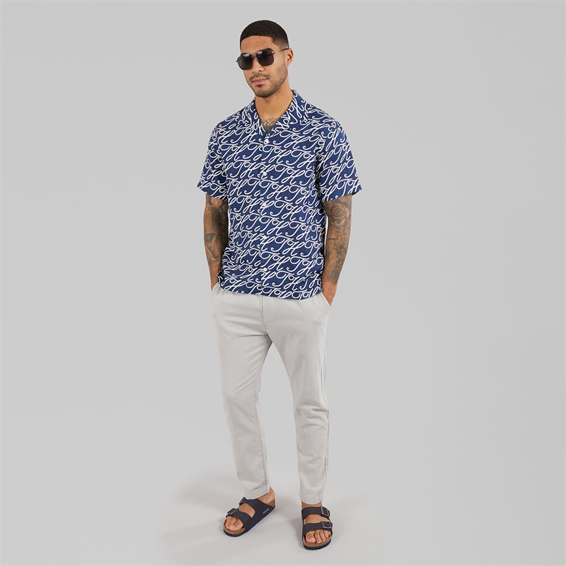 Tommy Hilfiger Mens Linen Camp Collar Short Sleeve Shirt Preppy Navy/Allover