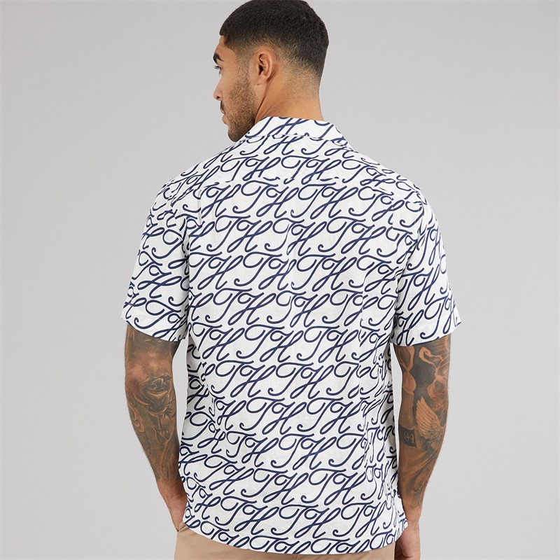 Tommy Hilfiger Mens Linen Camp Collar Short Sleeve Shirt Ecru/Allover