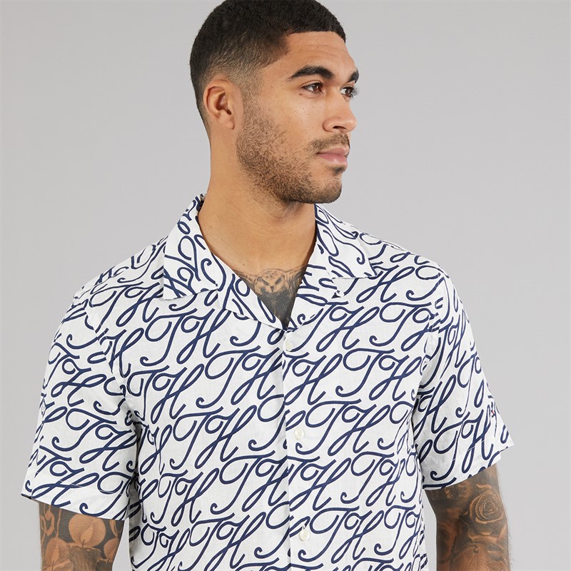 Tommy Hilfiger Mens Linen Camp Collar Short Sleeve Shirt Ecru/Allover