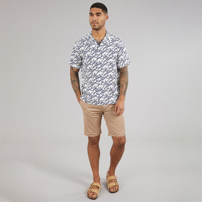 Tommy Hilfiger Mens Linen Camp Collar Short Sleeve Shirt Ecru/Allover
