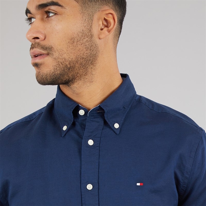 Tommy Hilfiger Mens Linen Blend Long Sleeve Shirt Carbon Navy