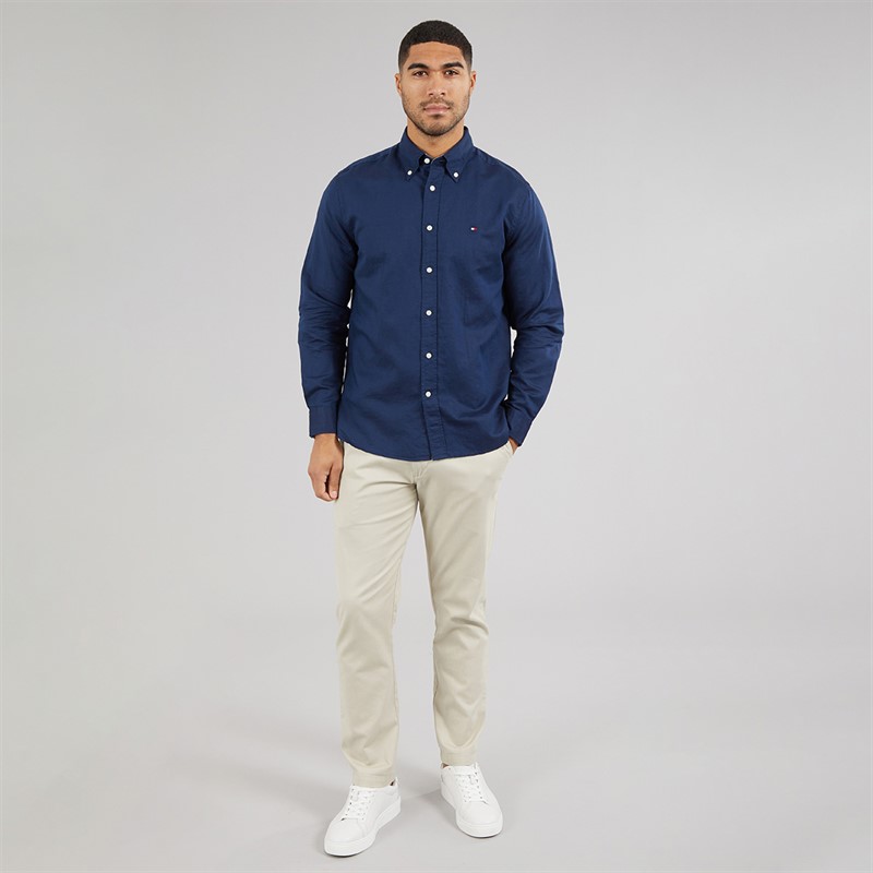 Tommy Hilfiger Mens Linen Blend Long Sleeve Shirt Carbon Navy
