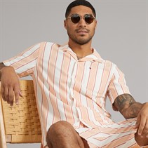 Tommy Hilfiger Mens Open Structure Short Sleeve Shirt Brilliant Orange/Stripe
