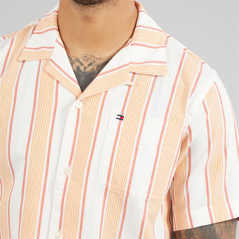 Tommy Hilfiger Mens Open Structure Short Sleeve Shirt Brilliant Orange/Stripe