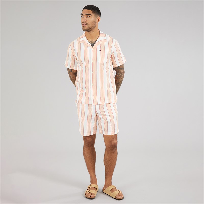 Tommy Hilfiger Mens Open Structure Short Sleeve Shirt Brilliant Orange/Stripe