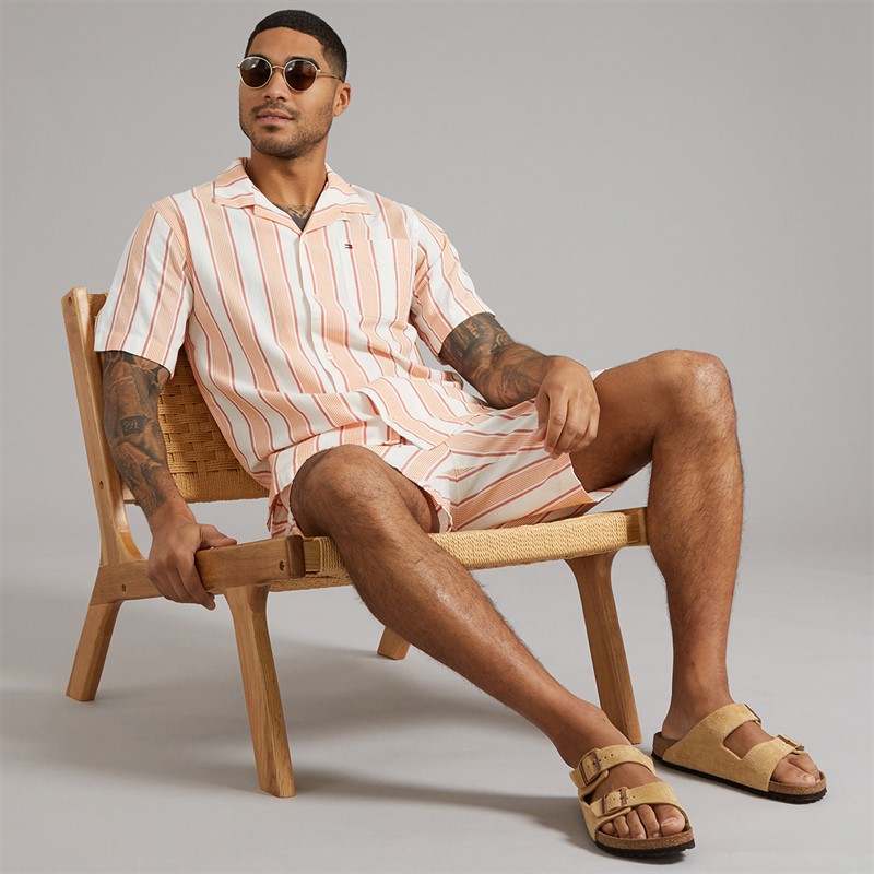 Tommy Hilfiger Mens Open Structure Short Sleeve Shirt Brilliant Orange/Stripe