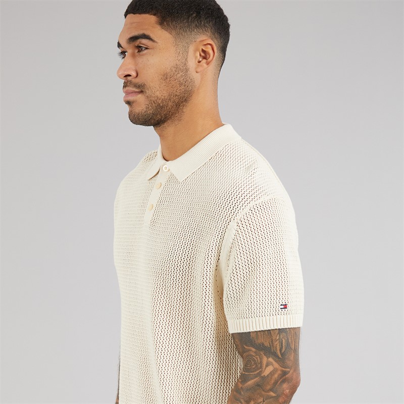 Tommy Hilfiger Mens Open Knit Polo Shirt Muslin