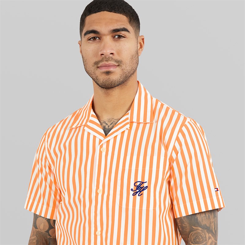 Tommy Hilfiger Mens Papertouch Pop Short Sleeve Shirt Orange Hype/Stripe