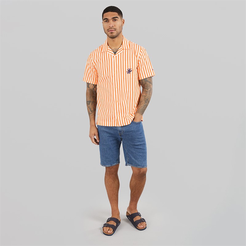 Tommy Hilfiger Mens Papertouch Pop Short Sleeve Shirt Orange Hype/Stripe