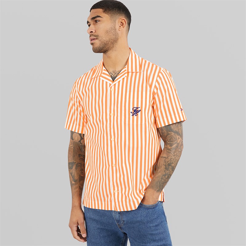 Tommy Hilfiger Mens Papertouch Pop Short Sleeve Shirt Orange Hype/Stripe