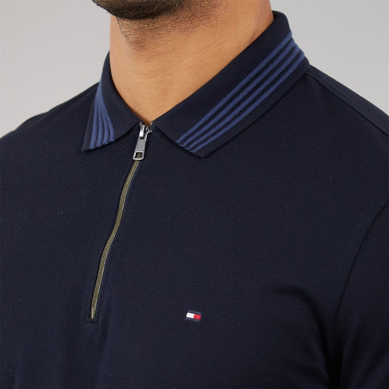 Tommy Hilfiger Mens Mercerised Pique Zip Polo Shirt Desert Sky
