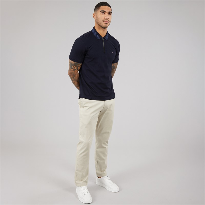 Tommy Hilfiger Mens Mercerised Pique Zip Polo Shirt Desert Sky