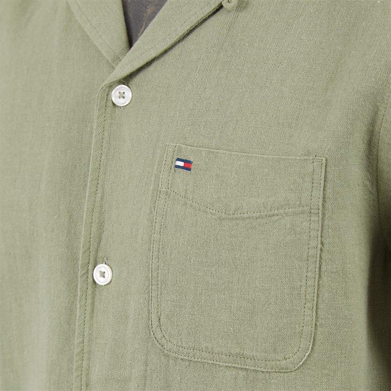 Tommy Hilfiger Mens Reg Linen Blend Short Sleeve Shirt Utility Sage