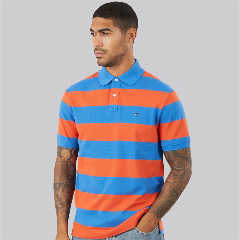 Tommy Hilfiger Mens Block Stripe Reg Polo Shirt Brilliant Orange/Blue Orbit