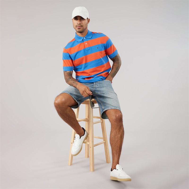 Tommy Hilfiger Mens Block Stripe Reg Polo Shirt Brilliant Orange/Blue Orbit