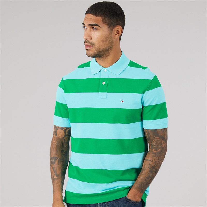 Tommy Hilfiger Mens Block Stripe Reg Polo Shirt Jade Wink/Arctic Aqua