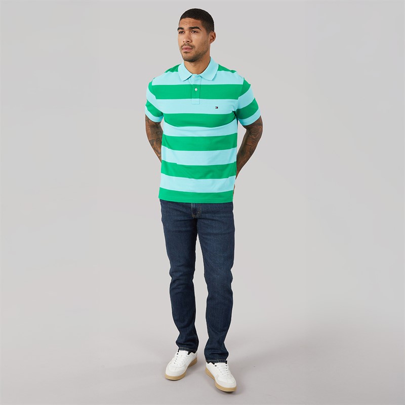 Tommy Hilfiger Mens Block Stripe Reg Polo Shirt Jade Wink/Arctic Aqua