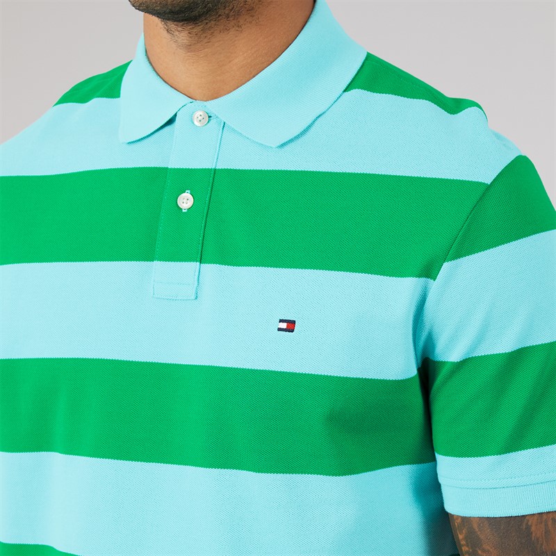 Tommy Hilfiger Mens Block Stripe Reg Polo Shirt Jade Wink/Arctic Aqua